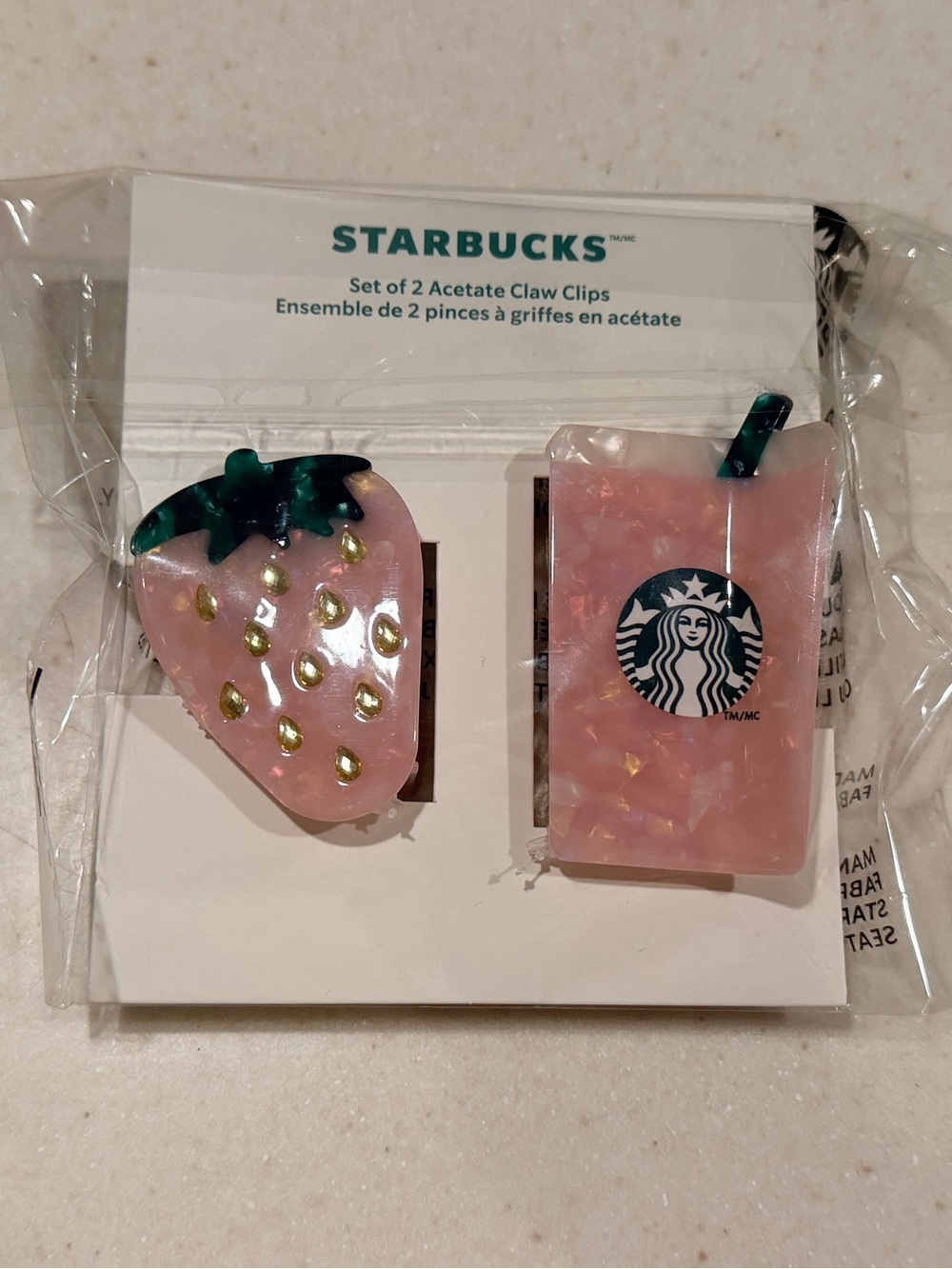 Starbucks Pink Strawberry & Pink Drink Acetate Claw Clips